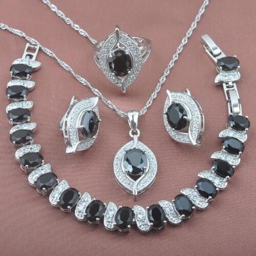 Eye Design Black Cubic Zirconia Jewelry Set Bridal jewelry Earring Silver Plated Pendant Rings Bracelet Set YZ0231