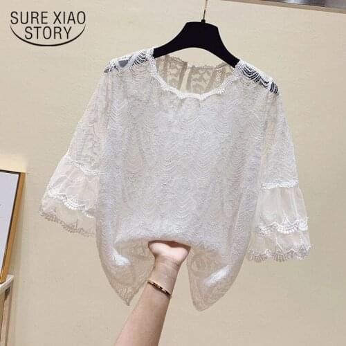 Summer 2021 New Korean Loose Fashion Womens Flare Sleeve Shirt Chic Embroidery Cotton Lace O-neck Casual Blouse Plus Size 15011
