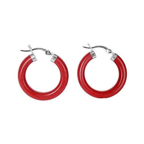 A Fashion Red Coral 925 Sterling Silver Hook Circle Dangle Earrings