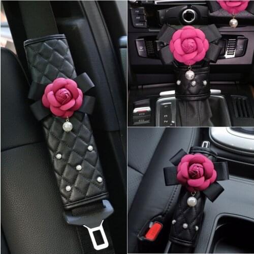 Fashion Pearl Camellia Flower Car Seat Belt Cover Shoulder Pads Car Shifter Hand Brake Covers Auto Interior Accessories Rose