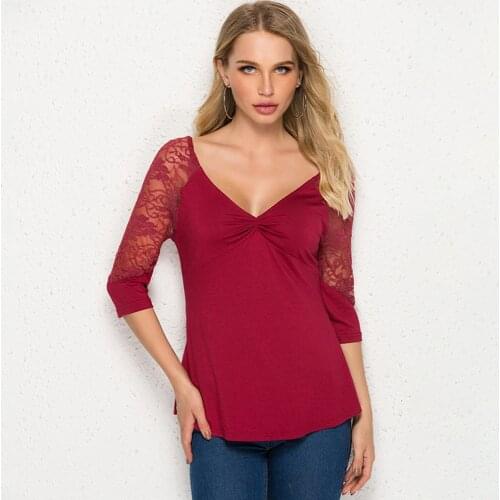 Fashion Sexy Top Three Quarter Sleeve TShirt Casual V-Neck Top Tee Harajuku Patchwork Vintage Female Clothing Lace Women T-Shirt