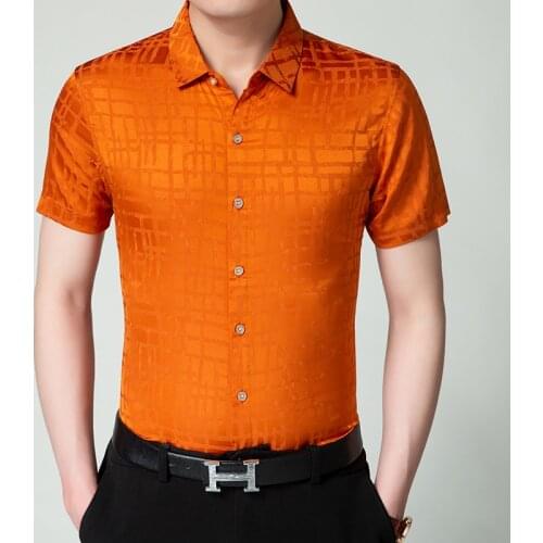 New 2019 Male Soft Silk Shirt Summer Mens Casual Short Sleeve Thin Silk Clothes Man Business Plaid Silk Dress Shirt