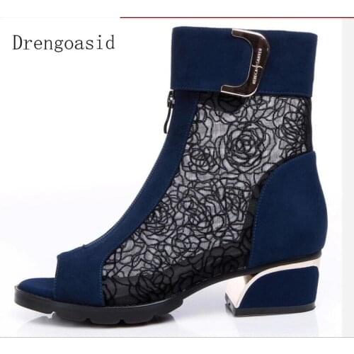 2019 New Breathable Cool Boots Summer Fashion Sandals Mesh Cow Leather Thick Heel With Rhinestone Fish Mouth Womens Sandals