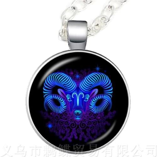 Aries/Taurus/Gemini/Cancer/LEO/Virgo Zodiac Signs Necklace Retro Twelve Constellations Glass Cabochon Birthday Star Sign Gift