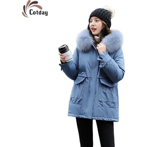 Cotday Blue Covered Button Winter Warm Punk Style Women With Hooded Women Middle Length 2020 New Parka Lammy Manteau Femme Hiver