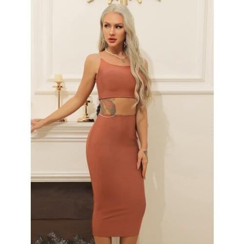 Two Piece Bodycon Dress Sexy Spaghetti Strap Backless Solid Color Fashion Party Club Bandage Dress