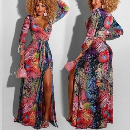 Long Dress Women Sexy Split Fork Fashion Lady Autumn Beach Casual Loose Belt Print V Neck Long Sleeve Mujer De Moda Vestidos