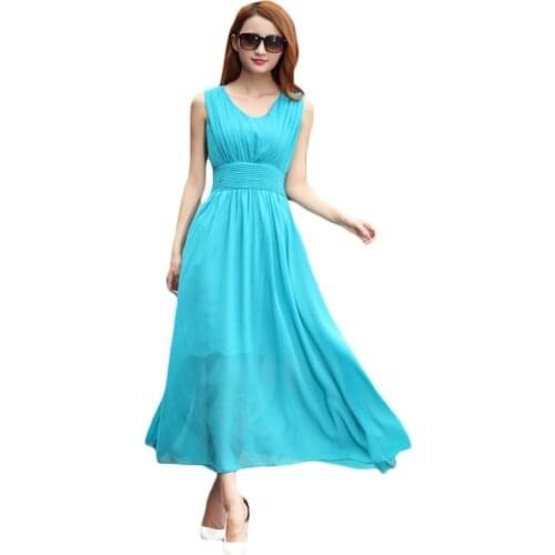 2017 Summer New Women Bohemian Dress Female Beach Dress Solid Color Slim V-neck Sleeveless Chiffon Dress LD014