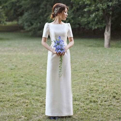 Simple Wedding Dresses 2019 Short Sleeves Lace Up Back Scoop Neck Wedding Bridal Dress Long Elegant Satin Bride Gown