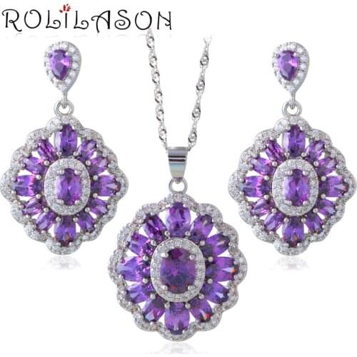 ROLILASN gifts Purple Austrian Crystal Cubic zirconia Stamped crystsal Necklace Earrings Jewelry Sets JS660