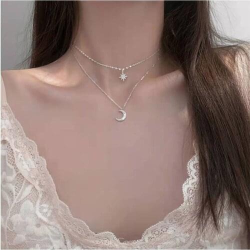 Sweet 925 Sterling Silver Necklace Double Star Moon Pendant Shiny Zircon Romantic Choker Valentines Day Fine Jewelry NK092