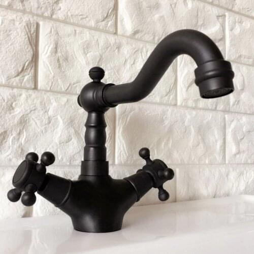 Basin Faucet Black Brass Retro Bathroom Sink Faucet Single Handle Hight Arch Swivel Spout Kitchen Deck Vessel Mixer Taps Knf346