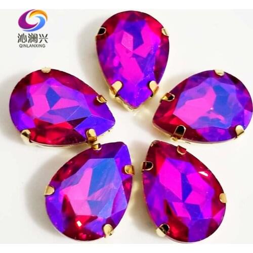 Super beauty Golden bottom Red AB color DR shape Glass Crystal sew on claw rhinestones with holes,Diy Clothing accessories