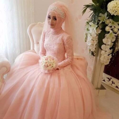 Gorgeous Arab Muslim Wedding Dress Custom Made Lace Appliques Wedding Gowns High Neck Long Sleeve Hijab Wedding Dresses