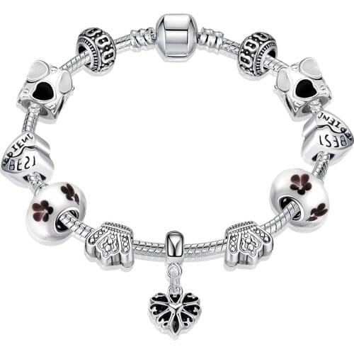 Vintage 925 Silver Charm Bracelet & Bangle For Women With White Murano Glass Beads DIY Birthday Gift
