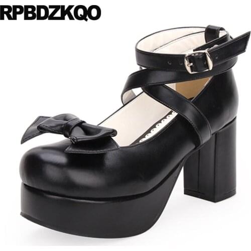Japanese cross strap ankle 8cm autumn black high heels size 4 34 round toe 2018 block sweet lolita shoes bow ladies pumps white