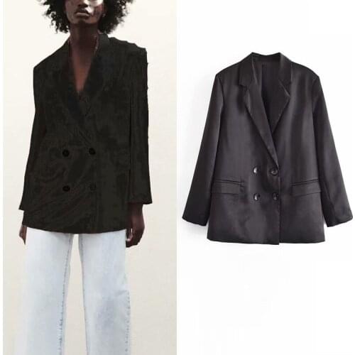 ZA Black Double Breasted Blazers Women 2021 Fashion Lapel Long Sleeve Flap Pocket Blazer Casual Loose Button Female Blazer Mujer