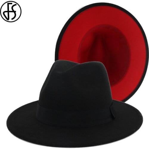 FS Black Red Patchwork Wool Felt Fedora Hat For Women Jazz With Ribbon Men Wide Brim Panama Trilby Bowler Elegant Church Cap