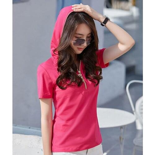 2020 New High Quality Hooded zipper solid T-shirts Women Plus Size Casual Cotton O-Neck Tee Shirts Female Black Tops Harajuku