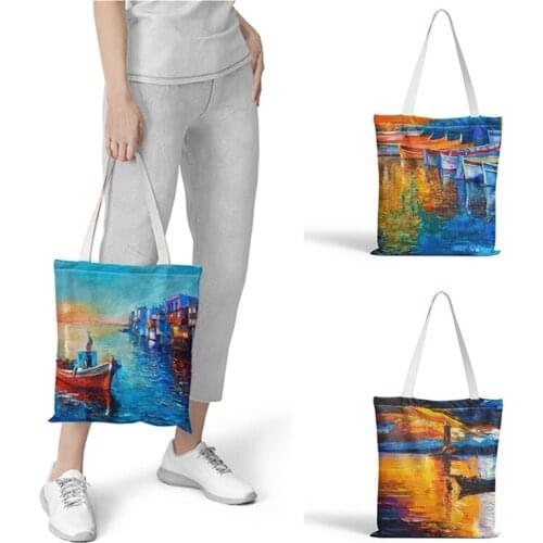 Retro Oil Painting Print Women Tote Bag For Harbor Photo Women Casual Tote Ladies Shoulder Bag Outdoor Beach Bag Daily Hand Bag