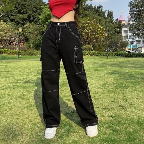 2021 Fashion Female Jeans Women s High Waist Trousers Long Straight-Leg Pants with Pockets for Spring Summer, Black, S/M/L