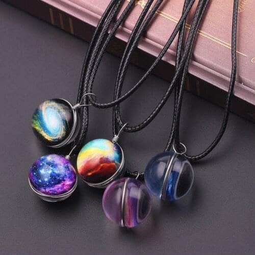 Women Necklace Glass Ball Nebula Space Universe Galaxy Necklace Stars Pendant Crystal Collares Planet Pattern Leather Chain