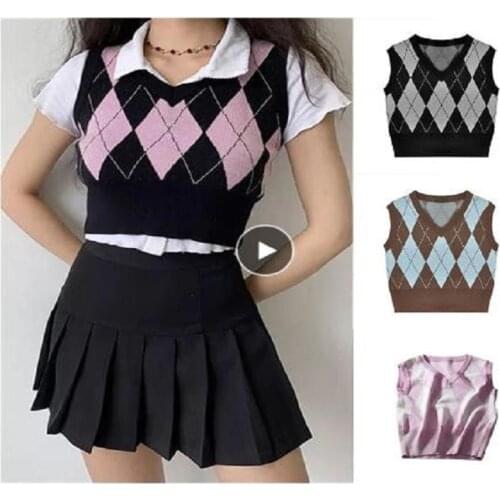 Vintage Plaid Sweater Vest Women V-neck Sleeveless Tank College Style Knitting Pullovers Tops for Daily