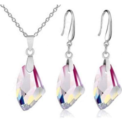 18" Pink Austrian Crystal Stone 925 Sterling Silver Jewelry Pinch Bail Earring Pendant Necklace Set Woman Gift