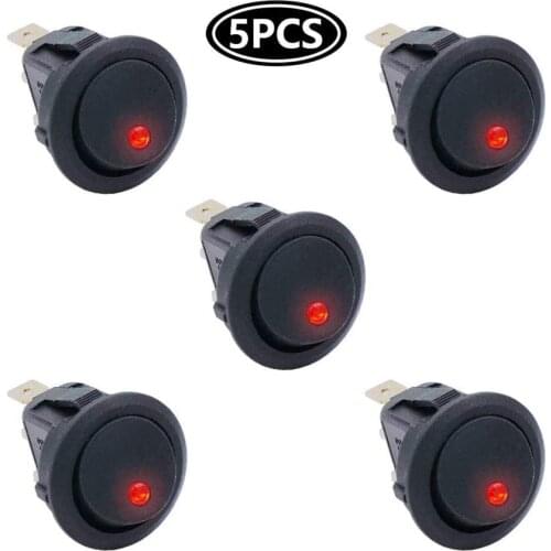 5Pcs 3 Pin 12V 20A Amps Car Truck Rocker Round Toggle LED Switch On-Off Control Red
