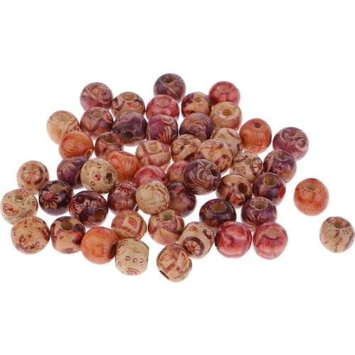 50pcs Vintage Printed Wooden Round Beads Large Hole European Beads for Jewelry Making Craft