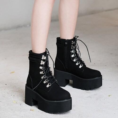 Spring Autumn Ankle Boots Women Platform Boots Rubber Sole Buckle Black Leather PU High Heels Shoes Woman Comfortable