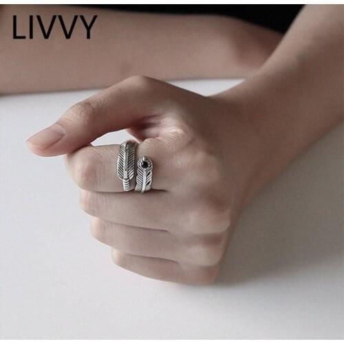 LIVVY Thai silver Color Feather Black stone open Ring Adjustable Size for Women Jewelry Fashion Tide High Quality Jewelry