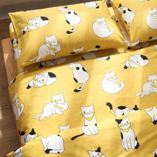 Cute Hand-painted Cat Cartoon Pure Cotton Twill Duvet Cover Sets With Pillowcase Ingle Double Queen King Size White Yellow Color