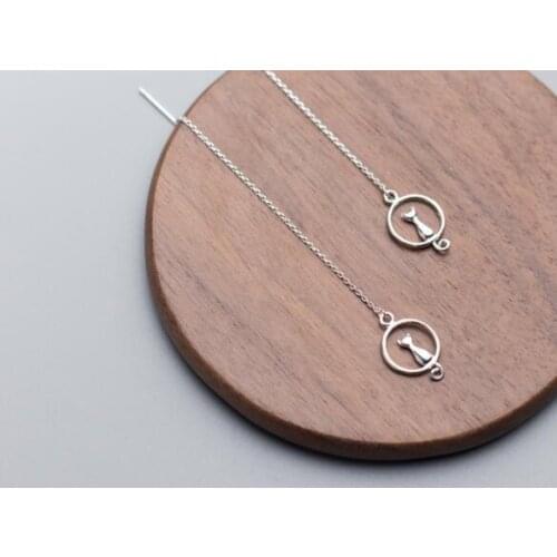 Cute Real. 925 Sterling Silver Jewelry Kitten cat Sittining at the Moon Crescent Threader Long dangle earrings GTLE1657