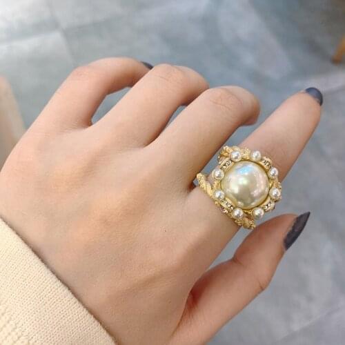 New Retro Exaggerated Baroque Pearl ring Opening Gold Finger Ring Is Delicate Big Pearl Ring Female Engagement Party Present