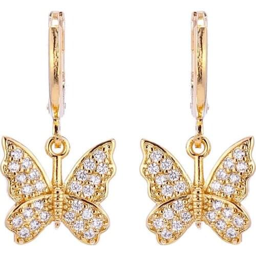 New arrival Beautiful butterfly cubic zirconia brass drop earrings