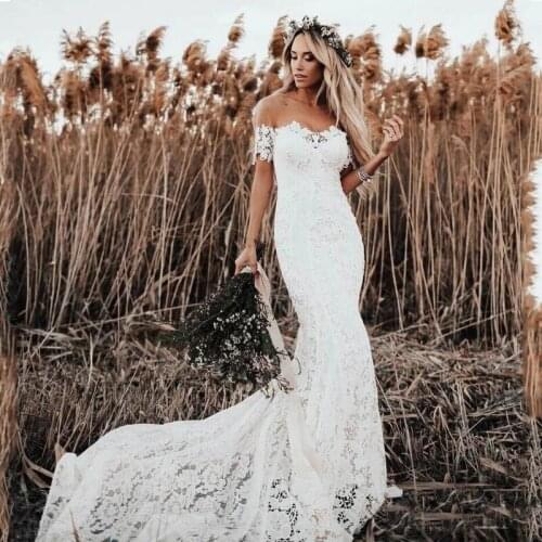 Verngo Boho Mermaid Ivory Lace Wedding Dress Illusion Neckline Short Sleeves Rustic Country Wedding Gowns Robe de mariage