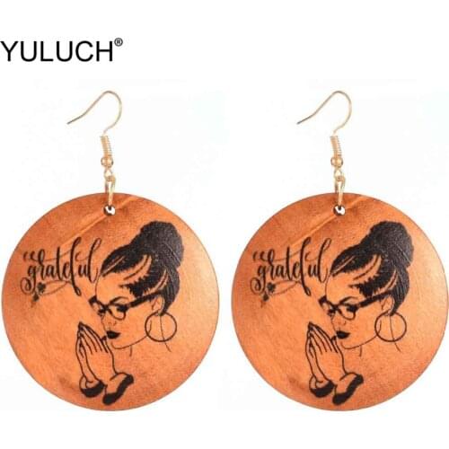 YULUCH 2019 New Design Lady Fashion Round Wooden Brown Painted African Women Pop Drop Pendant Earrings Jewelry Accessories Gifts