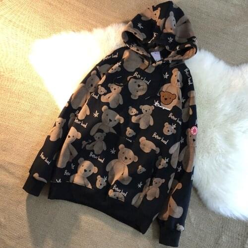 Ladies Sweater Embroidered Bear Full Print Sweater Women Ins Spring and Autumn Korean Loose Lazy Style Hooded Jacket Streetwear