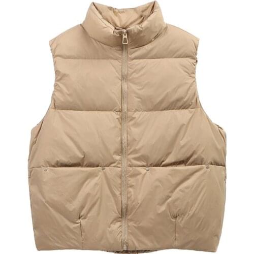 Solid Short Style Vest for Women Cotton Padded Womens Winter Sleeveless Jacket with Zipper Stand Collar Casual Coats