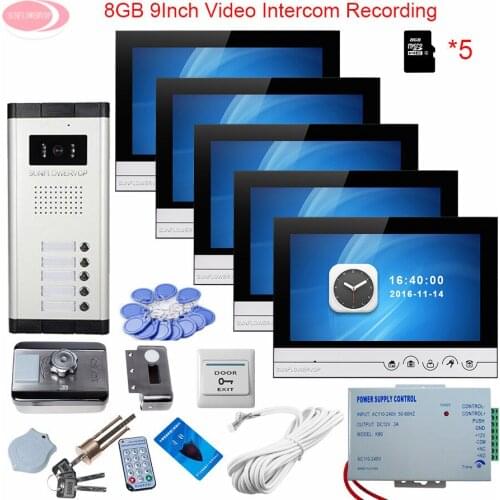 9'' Video Surveillance For The House Video Intercom Recording With Rfid Door Lock Videophone 5 Villas + 8GB TF Card System Unit