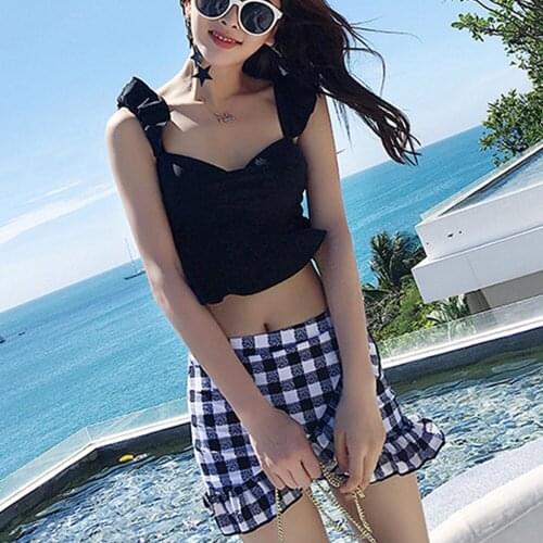 Korea Style Bikini Women Plaid Swimwear Push Up Swimsuit Ruffle Biquini Crop Top Bikinis Pad Bathing Suit Shorts Beach Black