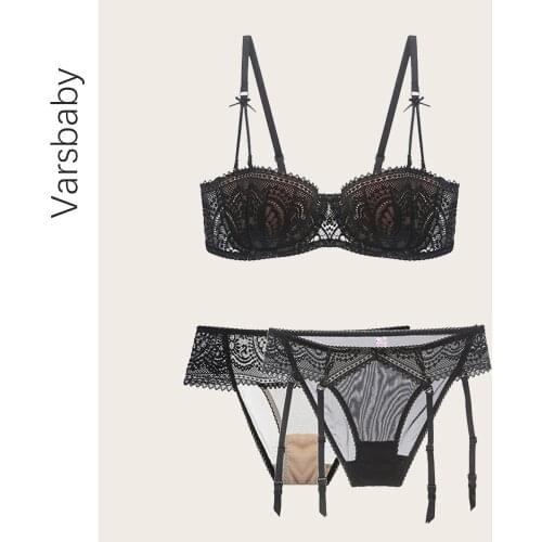 Varsbaby sexy embroidery lace push up underwear set bow half cup gather bra set 1 bra+2 panties 3pcs