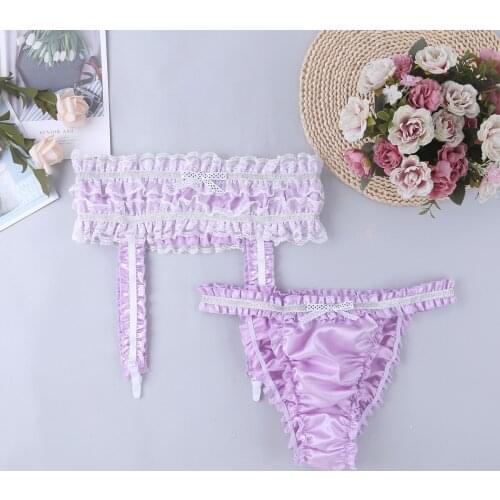 Men Sissy Gay Briefs Thong Sexy Lingerie Shiny Satin Soft Ruffled Low Rise Bikini Briefs Underpants Stretchy Panties with Garter