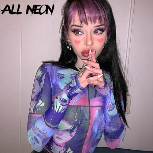 ALLNeon E-girl Cartoon Face Graphic Transparent T-shirts Vintage Patchwork O-neck Long Sleeve with Gloves Mesh Tops Summer Y2K