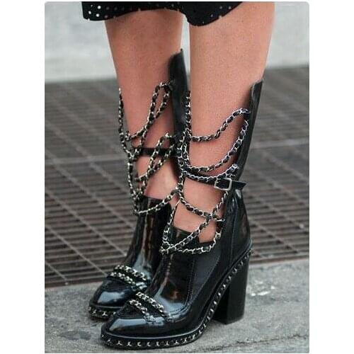 Qianruiti Classic Design Chains Boots Women Patent Leather Ankle Booties Block High Heels Fashion Boots Women