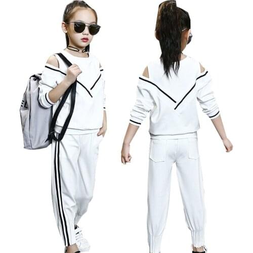 Hot Spring autumn white girls sport suit for girl shoulder off kids suit set casual two-piece tracksuit children clothing