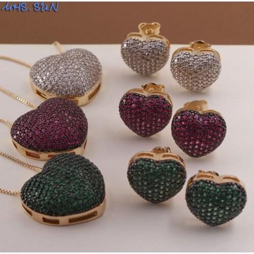 MHS.SUN Fashion Love Heart Pendant Necklace With AAA Zircon Women Stud Earrings Luxury CZ Jewelry Set For Valentines Day Gift