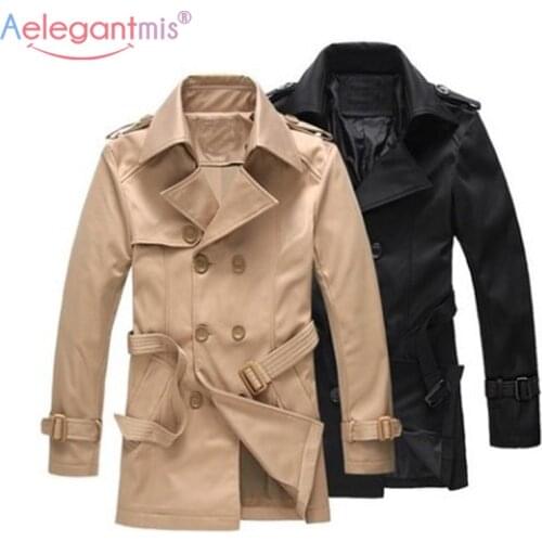 Aelegantmis Black Trench Coat Men Brand New Casual Slim Long Mens Coats Autumn Double-breasted Trench Male Windbreaker Fashion