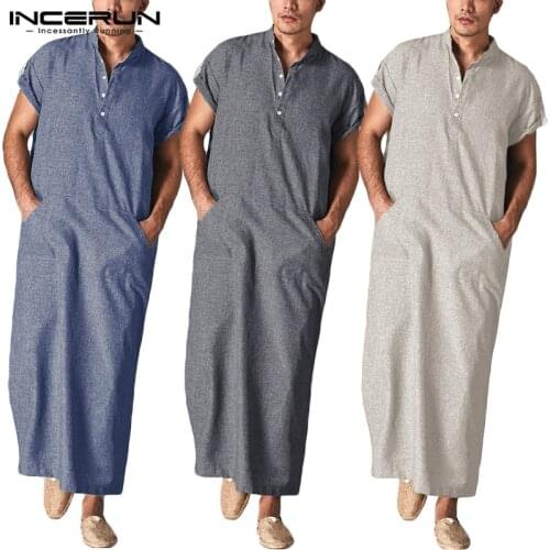 INCERUN Muslim Kaftan Men Islamic Arabic Clothes Stand Collar Short SLeeve Pockets Retro Robes Abaya Solid Men Jubba Thobe S-5XL